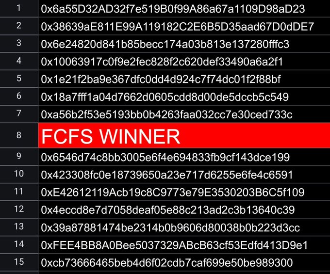 A list of Ethereum-style wallet addresses with row numbers, where row 8 is highlighted in red with the text "FCFS WINNER."