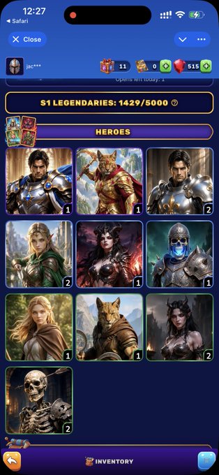 A mobile game inventory screen titled 'HEROES' showing S1 LEGENDARIES (1429/5000) with various fantasy character cards including knights, warriors, and skeletons.
