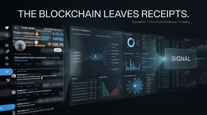 A promotional graphic with the headline 'THE BLOCKCHAIN LEAVES RECEIPTS' displays a dashboard interface showing crypto-related Twitter feeds, on-chain intelligence charts, and a 'SIGNAL' box.