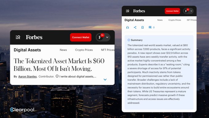 A Forbes article titled 'The Tokenized Asset Market Is $60 Billion. Most Of It Isn't Moving.' by Aaron Stanley is shown on a webpage.