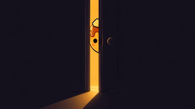 An illustration of a smiling cartoon egg character peeking through a narrow opening of a dark door illuminated by warm yellow light.
