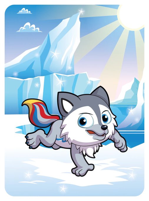 A cartoon illustration of a cute husky puppy running happily across an icy landscape, wearing a colorful red, blue, and yellow cape.