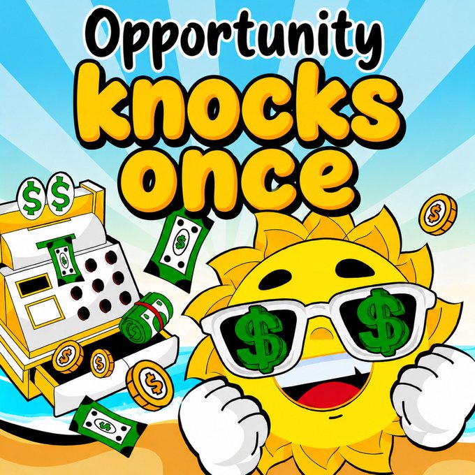 A cartoon sun wearing dollar-sign sunglasses grins alongside a cash register overflowing with coins and bills, beneath bold text reading "Opportunity knocks once." The imagery plays on the post's theme of timely investing—reinforcing the urgency of spotting early-stage opportunities like $SUMMER before they "knock" on others' doors, much like $ANSEM did for those who timed it right.
