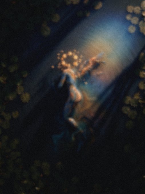 A dark, dreamy painting featuring a winged figure surrounded by golden glowing orbs against a shadowy background.
