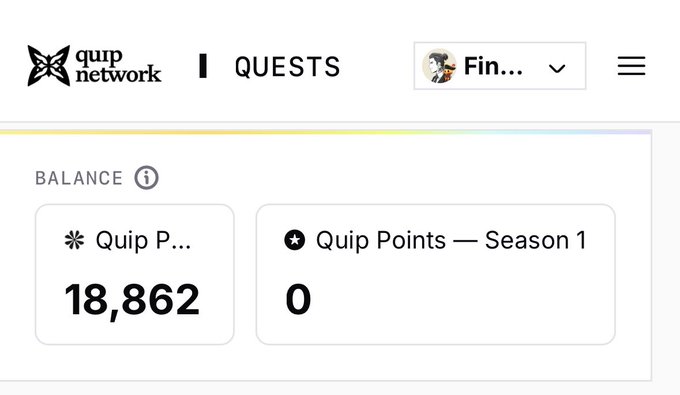A screenshot of the Quip Network dashboard displaying a balance of 18,862 Quip Points and 0 Quip Points — Season 1 under a 'QUESTS' tab.
