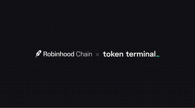 A dark promotional graphic displaying the partnership announcement 'Robinhood Chain × token terminal_' with Robinhood's feather logo on a black grid background.