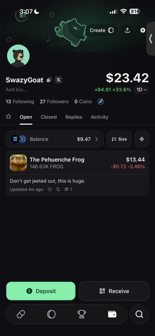 A mobile app profile for user "SwazyGoat" shows a portfolio balance of $23.42 (up 33.6%), featuring a position in "The Pehuenche Frog" (FROG) token worth $13.44 at -3.46%. The screenshot aligns with the caption's call to drop meme coin alpha, as it displays an active crypto trading portfolio running a $25-to-$500 challenge on pump.fun.