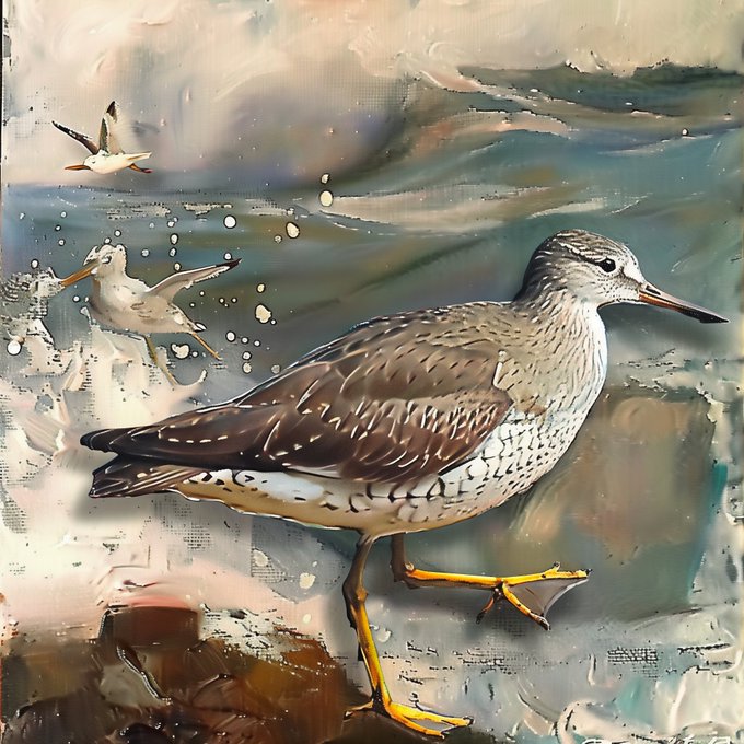 A painted artwork shows a brown and white shorebird with long yellow legs standing in shallow water, with two smaller birds flying in the background.