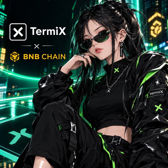 An anime-style illustration of a woman in black clothing with green accents, alongside 'TermiX' and 'BNB CHAIN' logos.