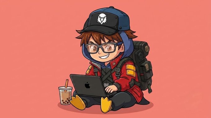 A chibi-style illustration shows a character wearing a cap, glasses, and a red jacket with yellow gloves, sitting cross-legged while using a laptop beside a boba drink.