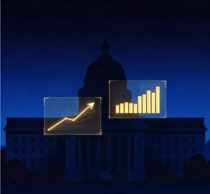 A dark blue nighttime image of the U.S. Capitol building silhouette with two glowing yellow HUD-style graphics overlaid: a line chart with an upward arrow and a bar chart.