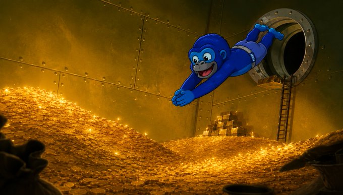 A blue cartoon gorilla with a cheerful expression is depicted flying or falling through the air in front of a massive pile of gold coins and bars.