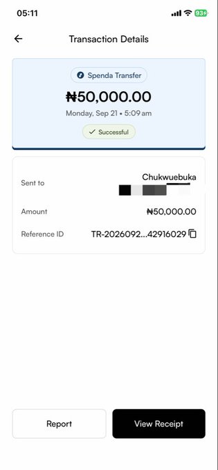 A mobile app screenshot shows a 'Transaction Details' page for a successful 'Senda Transfer' of ₦50,000.00 sent to 'Chukwuebuka' with reference ID 'TR-2026092...42916029'.