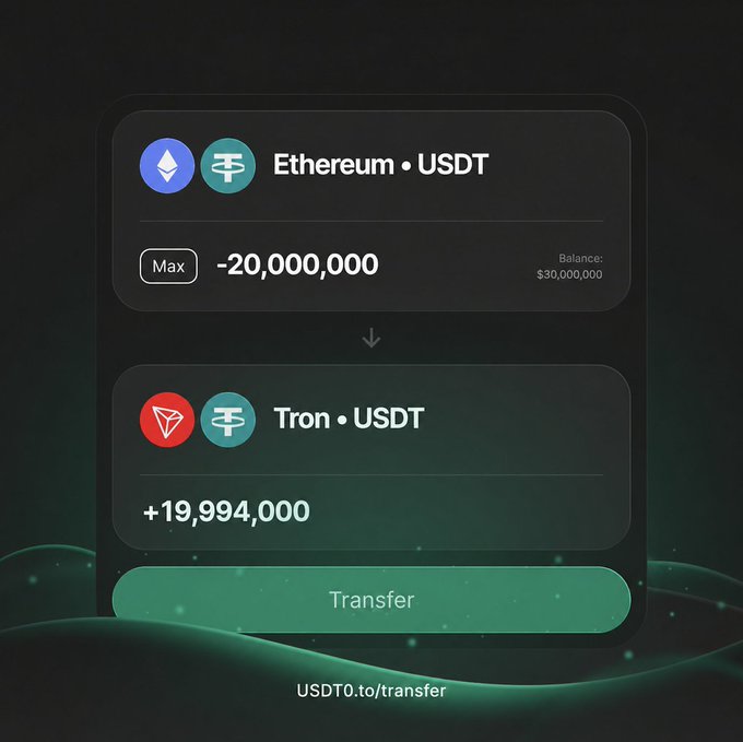A cryptocurrency exchange interface on usdt0.to/transfer showing a transaction of -20,000,000 USDT from an Ethereum wallet (Balance: $30,000,000) being transferred to a Tron wallet receiving +19,994,000.