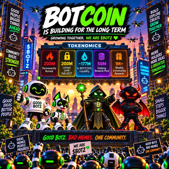 A colorful promotional poster for "$BOTCOIN" ("$BOTZ") displaying tokenomics including 200M permanently burned, 200M locked until Feb 2027, ~177M liquidity, 50M staking, and 1M+ weekly community rewards.