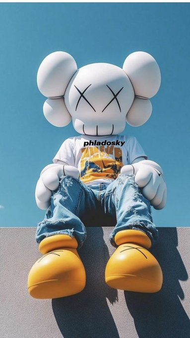 A KAWS-style figure with X-shaped eyes and crossbone-style ears sits wearing a white t-shirt with 'phladosky' text and blue jeans, with yellow cartoon-like shoes against a clear blue sky.
