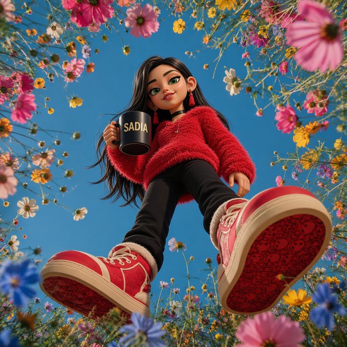 A 3D-rendered illustration of a girl named 'SADIA' holding a mug with her name on it, wearing a red fuzzy sweater and red shoes, surrounded by flowers.