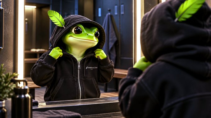 A green frog wearing a black hoodie is looking at its reflection in a mirror, with digital green leaves attached to the hood.