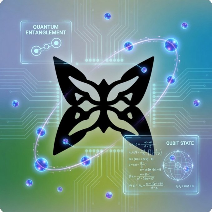 The image features a black butterfly graphic with blue dots surrounding it, which appears to be floating or hovering above a circuit board filled with blue dots. The background of the image has a gradient color scheme transitioning from green at the top to purple at the bottom. The caption below the image reads "QUIP Alot of people think @quipnetwork is only about security - protecting your digital assets post quantum QUIP goes beyond security It delivers compute to users and facilitates compute for those that want to sell You".