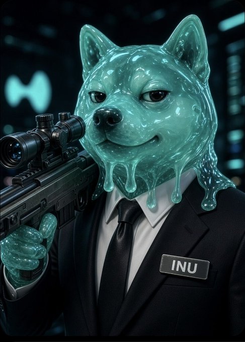A translucent, gelatinous Shiba Inu head melting over a suited figure wearing an "INU" name tag, while aiming a sniper rifle against a dark, tech-inspired background featuring a faint dog logo.