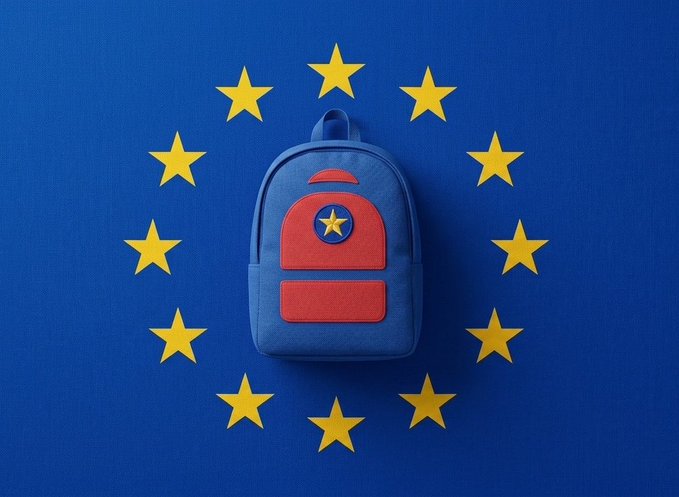 A blue backpack with a red emblem is centered on a blue background surrounded by 12 yellow stars arranged in a circle, mirroring the European Union flag. The image visually represents Backpack EU, highlighting the exchange's compliance with the EU's MiCA regulations as a licensed Crypto-Asset Service Provider.
