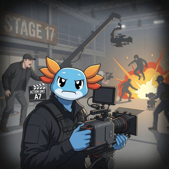 An illustrated blue axolotl-like character with an angry expression operates a large camera on a film set marked 'STAGE 17' and 'ACTION UNIT A7', while action scenes with explosions unfold in the background.