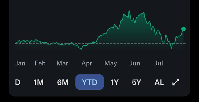 A year-to-date (YTD) portfolio performance chart showing a sharp rally from a flat baseline in early months to a peak in June, followed by a pullback and recovery with a second uptrend forming in late July. The post about $NBIS, $SIVE, and $SNDK aligns with the visible "second mountain" pattern, reflecting renewed momentum in memory, photonics, and neocloud sectors driving the recent rebound.