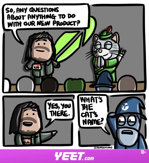 A cartoon comic shows a presenter named "VLAD" on stage with a cat in a green hat, asking the audience if they have questions about their new product, before cutting to an audience member asking, "What's the cat's name?" The comic humorously plays on the post's mention of "Robinhood teases cat," poking fun at how crypto audiences fixate on trivial mascot details rather than the actual product announcements.