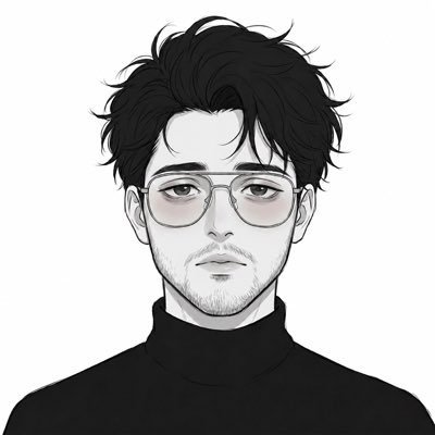 Black and white anime-style portrait of a young man with tousled dark hair, glasses, light stubble, and a black turtleneck.