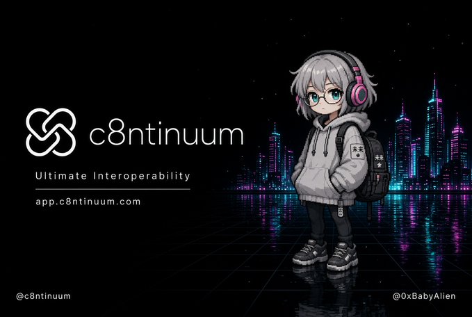 A promotional image for 'c8ntinuum - Ultimate Interoperability' featuring an anime-style character with headphones and a backpack against a neon city backdrop.