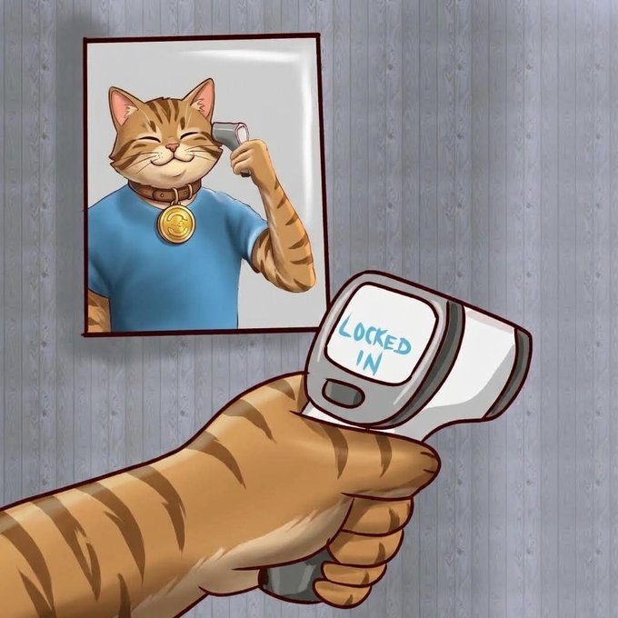 An illustration of an orange cat wearing a blue shirt with a gold medallion in a mirror, while its paw holds a scanner displaying 'LOCKED IN'.
