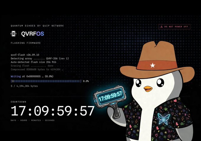A digital animation showing a penguin character wearing a cowboy hat and Hawaiian shirt holding a device displaying a 17-day countdown timer, alongside firmware flashing progress for 'QVRF OS'.