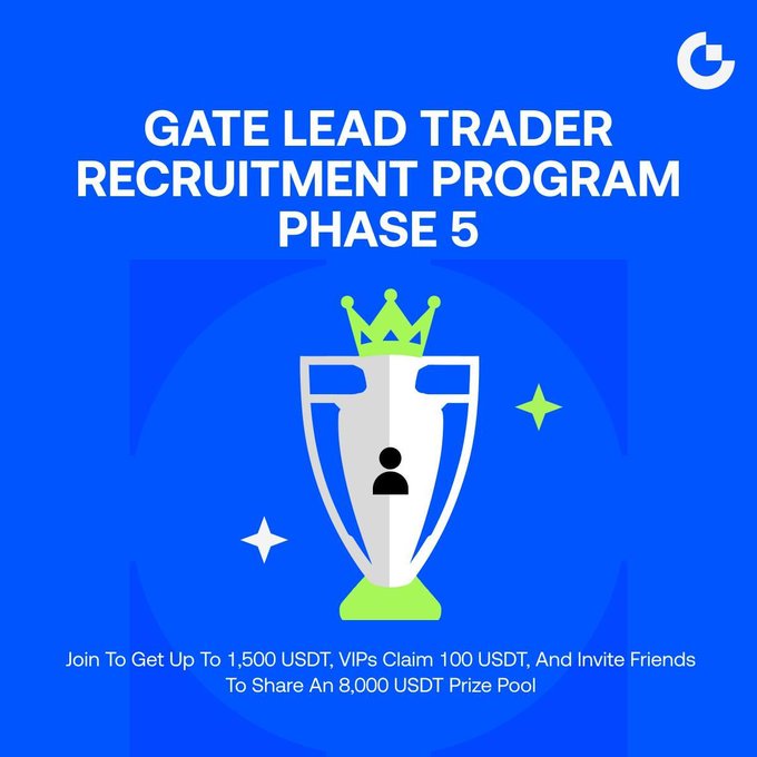 The image is a promotional graphic for the "Gate Lead Trader Recruitment Program Phase 5," featuring a crowned trophy icon on a blue background, advertising rewards of up to 1,500 USDT for joining, 100 USDT for VIPs, and an 8,000 USDT prize pool for inviting friends.