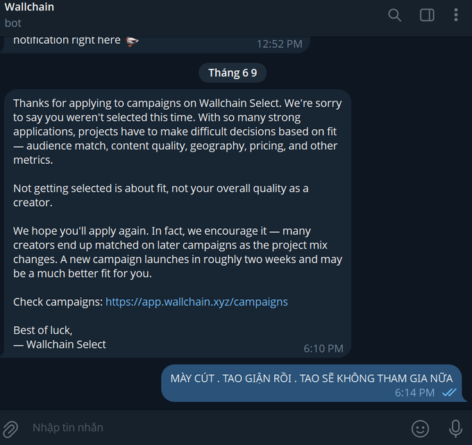 The image shows a text message conversation between two people discussing an application for the Select Wallchain program. One person has been selected, while the other has not. The person who was chosen receives a notification from the Select Wallchain team about their selection.