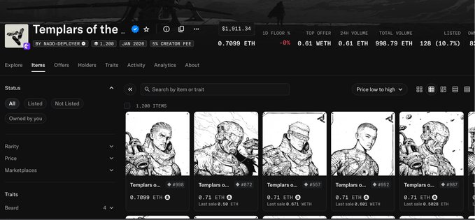 A screenshot of an NFT marketplace displaying the "Templars of the" collection with items priced at 0.7099 ETH and a floor price of 0.61 ETH.