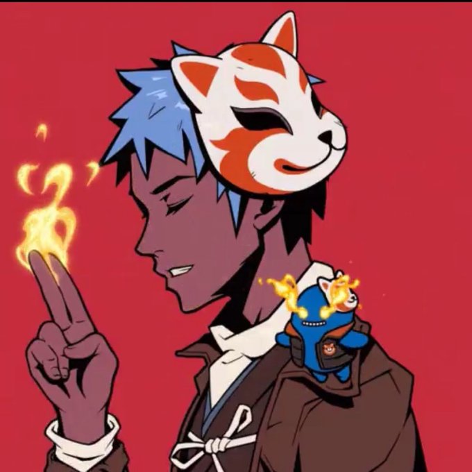 An anime-style illustration of a blue-haired character wearing a kitsune (fox) mask, holding a flame in their hand, with a small blue fox-like creature on their shoulder, against a red background.