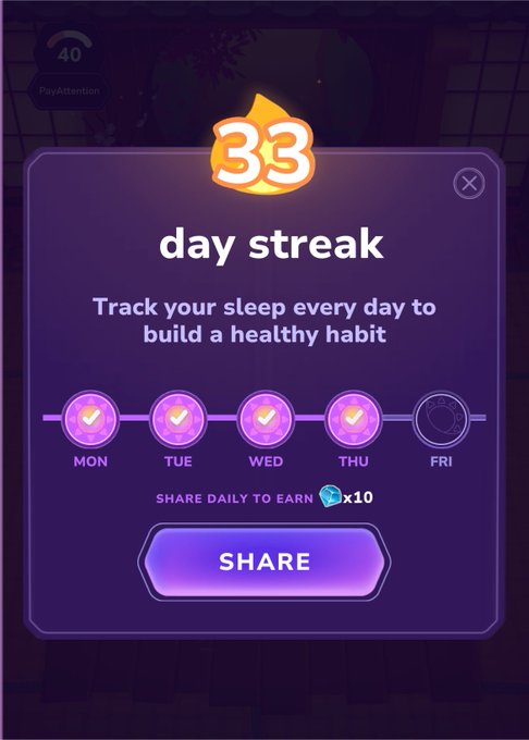 A Sleepagotchi app popup displays a "33 day streak" achievement with completed checkmarks for Monday through Thursday, encouraging users to share daily to earn 10 gems and build a healthy sleep-tracking habit, tying into the broader Season 2 campaign on Nucleus that promotes wellness and gamification.