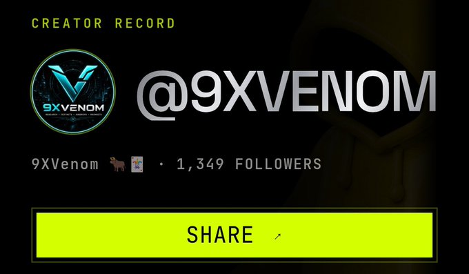 The image displays a "CREATOR RECORD" card featuring user "@9XVENOM" with the handle "9XVenom," showing 1,349 followers and a prominent yellow "SHARE" button. It relates to the post by showcasing the creator's Motion profile page, which is the first step participants must visit to join the $MOTION Yapping Campaign.
