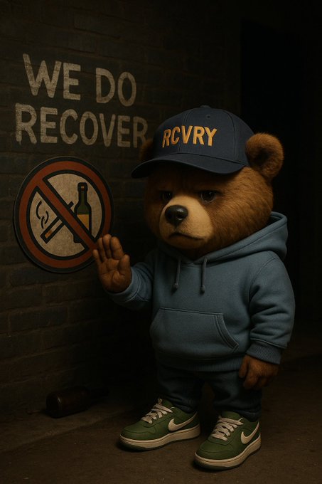 A digital illustration shows a sad teddy bear wearing a blue hoodie and a cap reading 'RCVRY', raising its hand in a stop gesture next to a 'no alcohol' sign and the text 'WE DO RECOVER' on a brick wall.