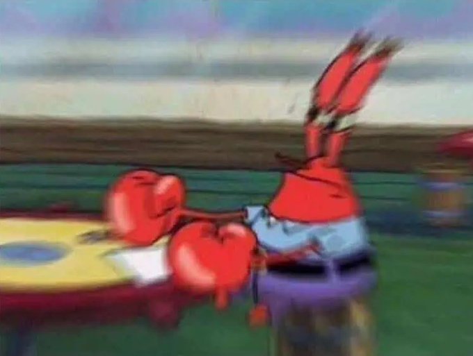 The image shows a blurry scene from SpongeBob SquarePants featuring Mr. Krabs with his claws raised excitedly behind a table. The meme conveys eager enthusiasm, suggesting the poster is enthusiastically looking forward to helping someone secure a spot in upcoming pre-mint projects, much like Mr. Krabs excitedly preparing to hand over something valuable.