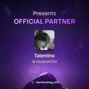 A promotional graphic with a purple starry background displaying 'Presents OFFICIAL PARTNER', a profile picture, 'Talentino', '@neuronalv01d', and 'bemfunding.com'.