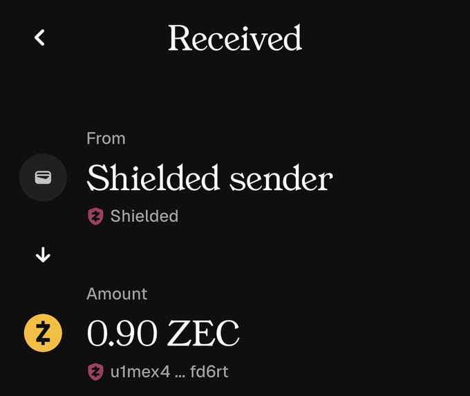 A Zcash wallet transaction confirmation screen showing a received payment of 0.90 ZEC from a "Shielded sender," illustrating the privacy-focused "free ZEC" airdrop being distributed to users.