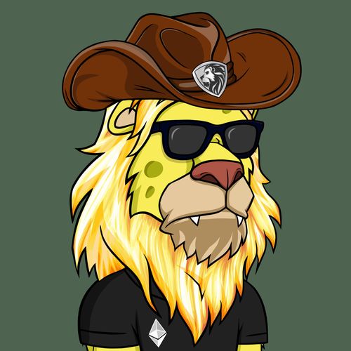 A cartoon lion character wearing a brown cowboy hat with a shield emblem, black sunglasses, and a black shirt, styled in a Pepe-like art style.