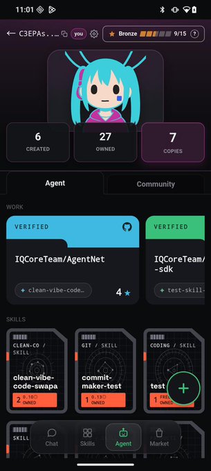 The image shows a mobile app profile for user "C3EPAS" with a 27-owned/7-copies NFT collection, featuring a turquoise-haired anime avatar alongside verified work like "IQCoreTeam/AgentNet" and skill cards including "clean-vibe-code-swapa," "commitmaker-test," and "test" — visually supporting the post's point about crafting a sleek UI that tempts users to buy skills as NFTs.