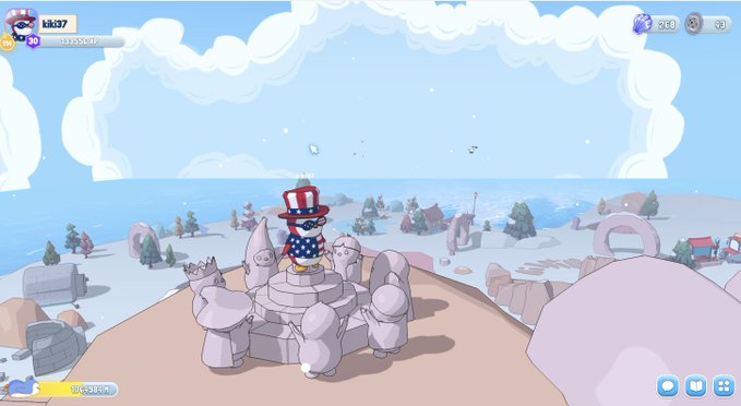 A video game screenshot shows a character wearing an Uncle Sam hat and shirt standing on a stone monument surrounded by similar statues in a snowy landscape.