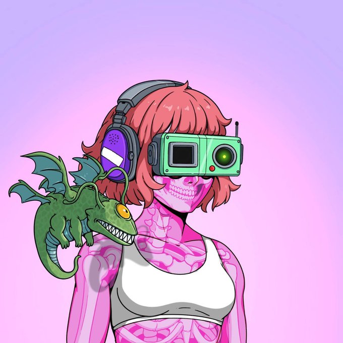 The image features a stylized anime-style character with pink skull-like skin, red hair, and futuristic green VR goggles, with a small green dragon perched on her shoulder. The caption would relate to the cyberpunk/avant-garde NFT art aesthetic that Kageuri, an early project from the founder behind Black Label Miners, is known for.