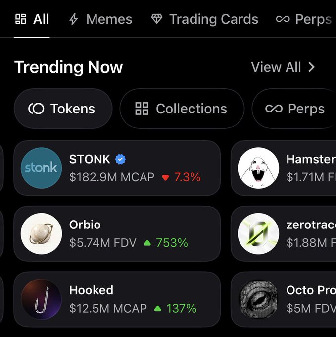A cryptocurrency trending dashboard displays tokens like STONK ($182.9M MCAP, -7.3%), Orbio (+753%), and others with their market stats.