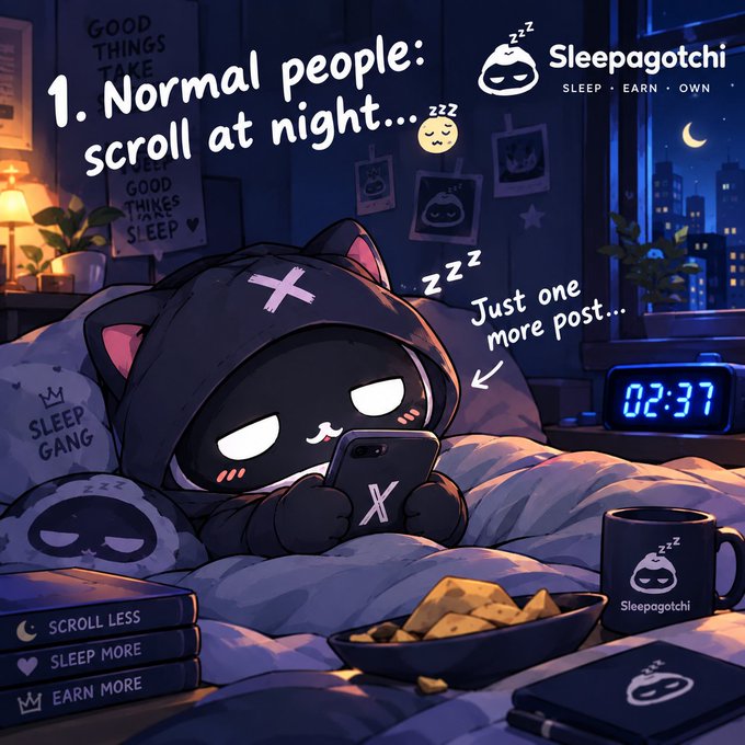 A promotional graphic for 'Sleepagotchi' showing a cat character in bed scrolling on a phone at night, with text '1. Normal people: scroll at night...' and 'Just one more post...' alongside a digital clock showing 02:37.