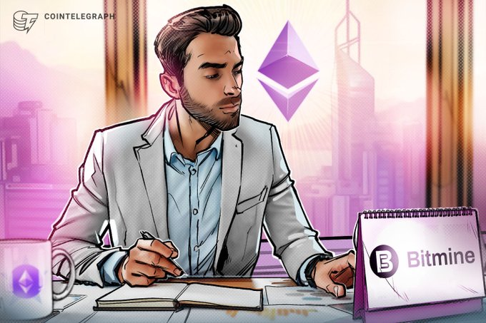 A Cointelegraph-illustrated image shows a contemplative man in a blazer writing at a desk, with an Ethereum logo floating above him and a "Bitmine" branded notepad beside him, visually representing Bitmine's bold strategy of accumulating nearly 5% of Ethereum's total supply despite carrying $8.4 billion in unrealized losses.