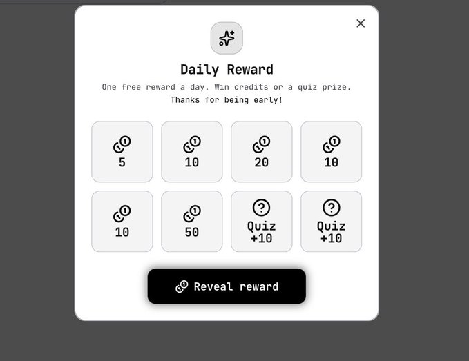 A 'Daily Reward' pop-up window with eight tiles showing various coin amounts (5, 10, 20, 10, 10, 50) and two 'Quiz +10' mystery tiles, with a black 'Reveal reward' button at the bottom.